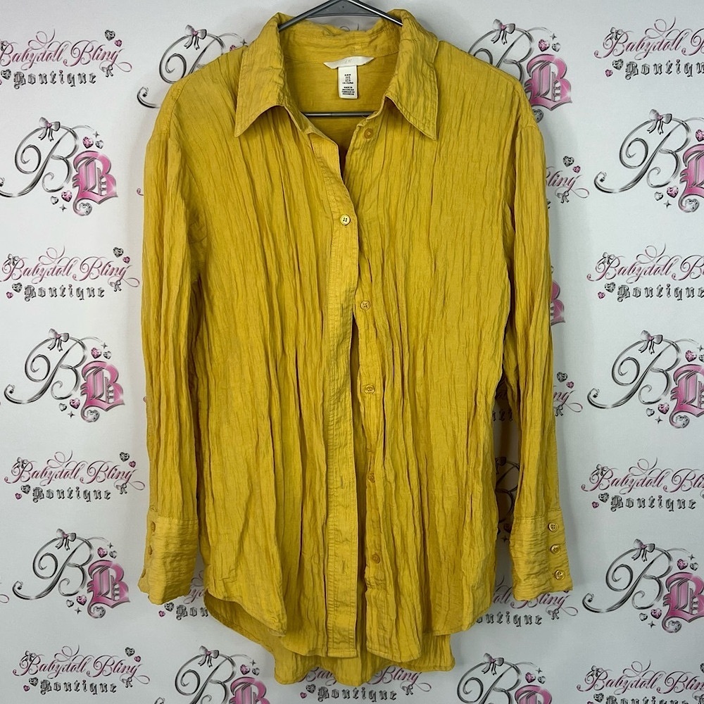 H&M button up crinkle textured fabric yellow Mustard Crinkled Shirt